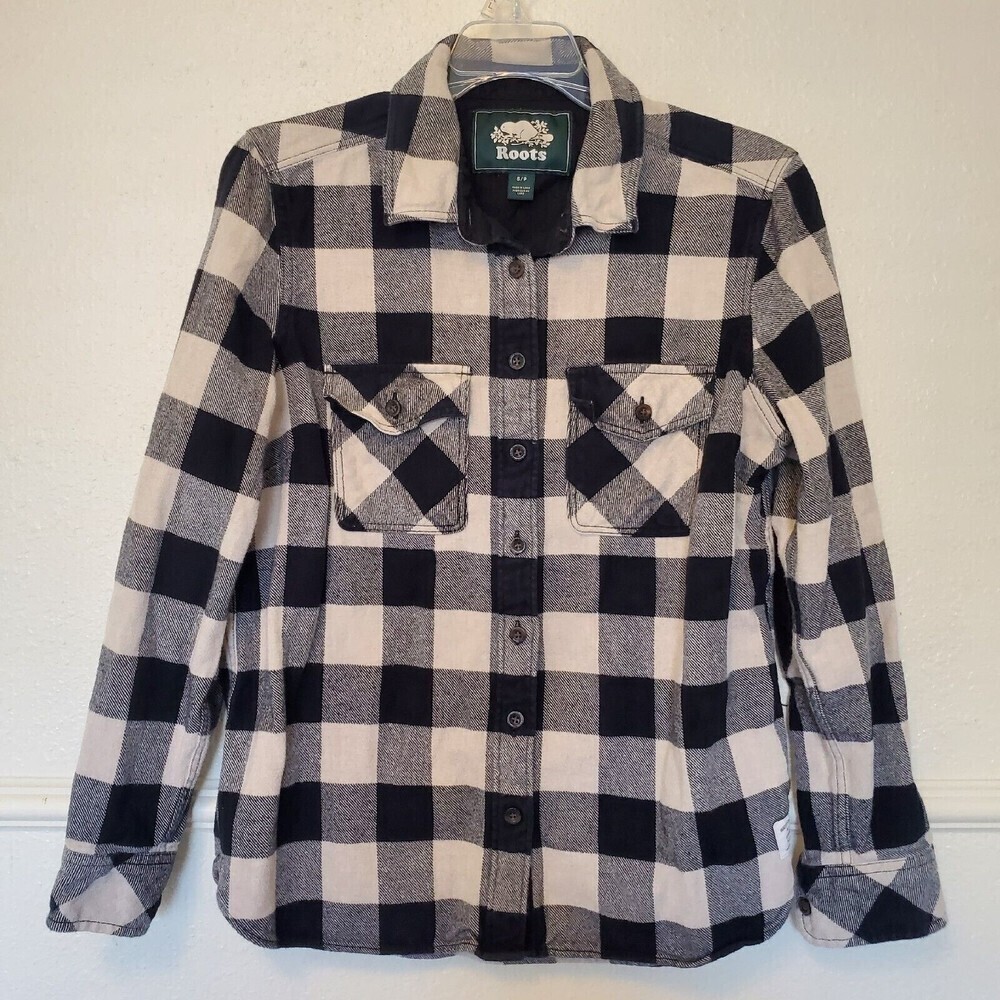 Roots Shirt Womens Medium Black White Long Sleeve Flannel Button Up Ladies Sz S